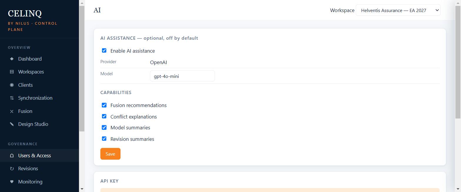 CelinQ Control Plane AI administration screen showing AI disabled by default, provider and model selection, and per-capability opt-ins