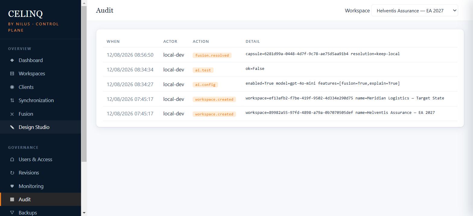 CelinQ Control Plane audit trail showing a fusion.resolved event with resolution=keep-local, alongside ai.config and workspace.created entries.