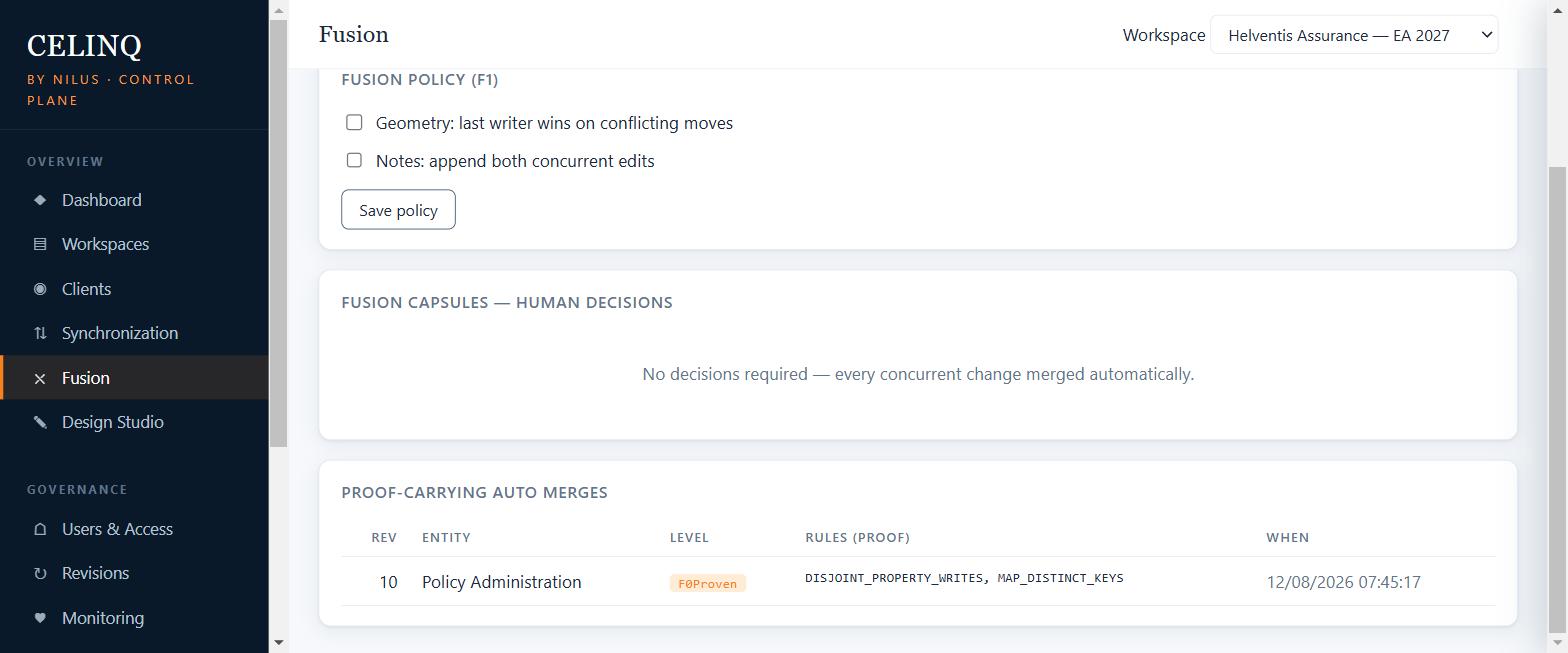 CelinQ Control Plane Fusion view showing a proof-carrying auto-merge log entry, an F0-proven merge annotated with the rule codes DISJOINT_PROPERTY_WRITES and MAP_DISTINCT_KEYS.