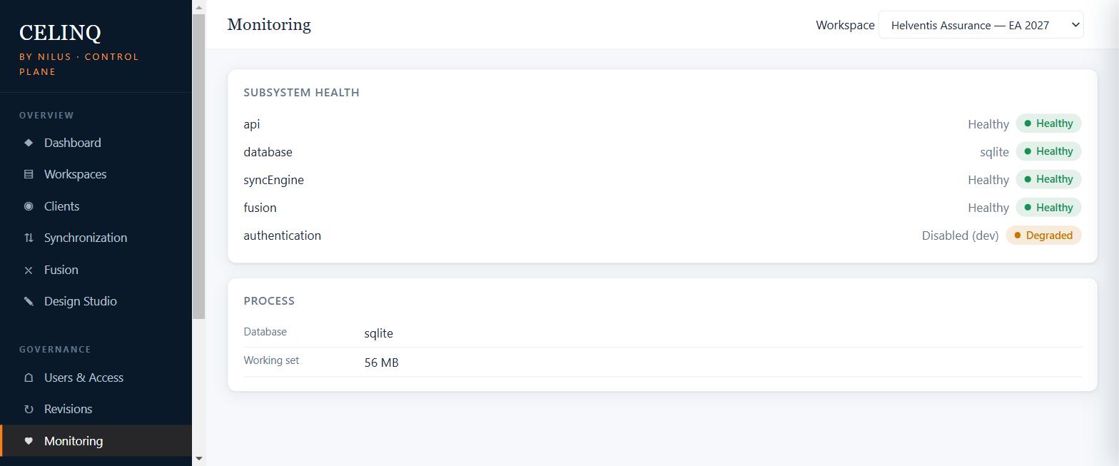 CelinQ Control Plane Monitoring view showing per-subsystem health, including database and sync engine status