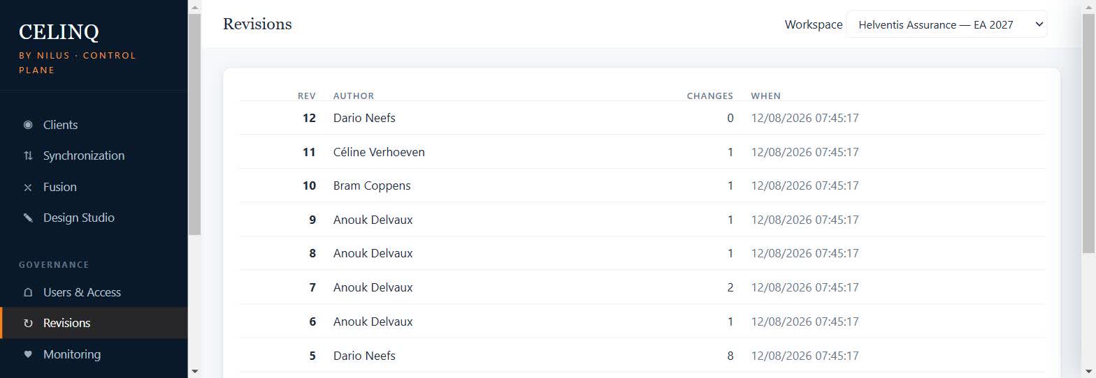 Control Plane revisions view showing an ordered list of model revisions with author, change count, and timestamp.