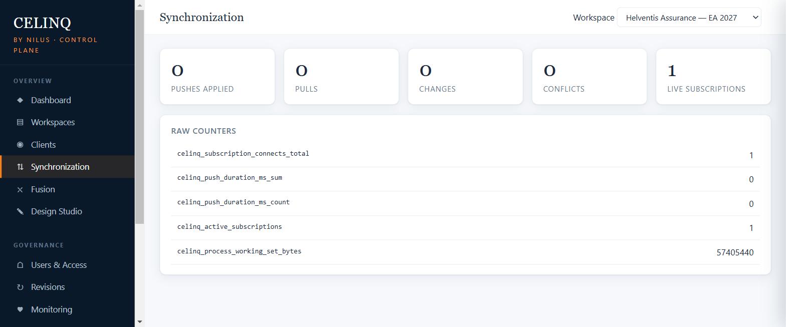 CelinQ Control Plane Synchronization view showing push, pull, changeset and conflict counters for a demonstration workspace