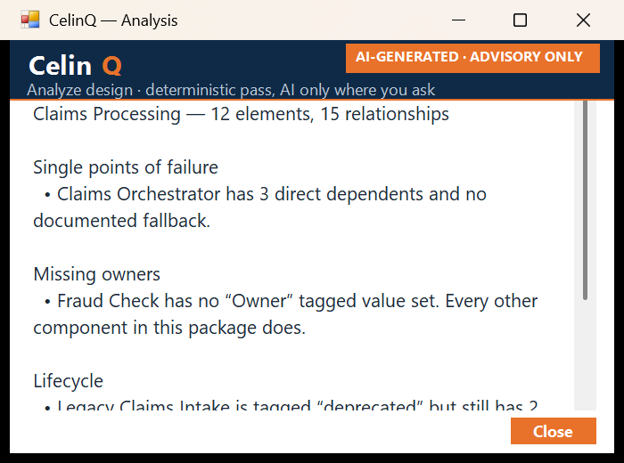 The Analyze Selected Package response inside Enterprise Architect, showing a plain-language reading of an existing part of the model