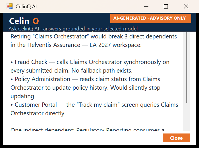 CelinQ AI response dialog inside Enterprise Architect, showing a grounded answer naming specific model elements