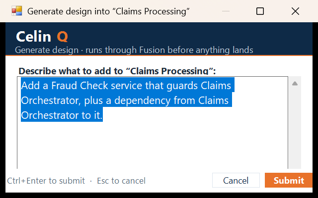 The Generate into Selected Package dialog inside Enterprise Architect, showing a plain-language description entered against the target package